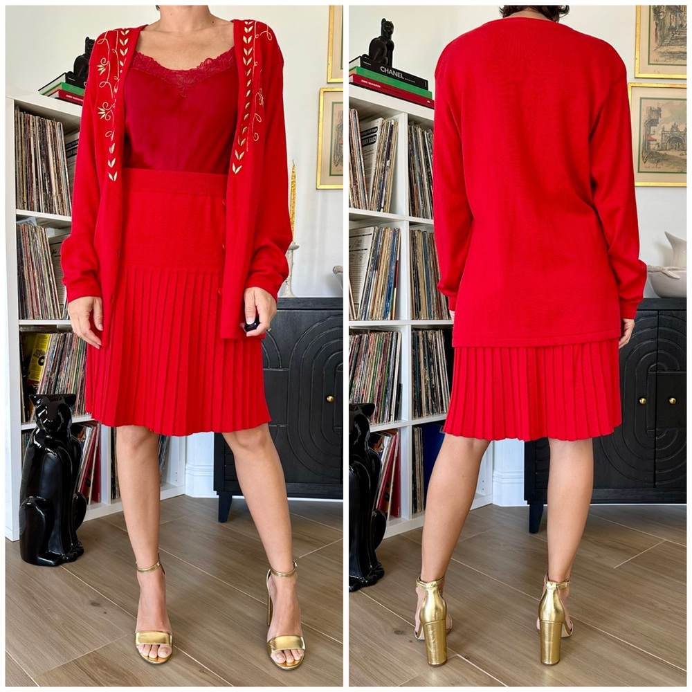 Vintage 80’s/90’s Knit Embroidered Cardigan & Pleated Skirt Set